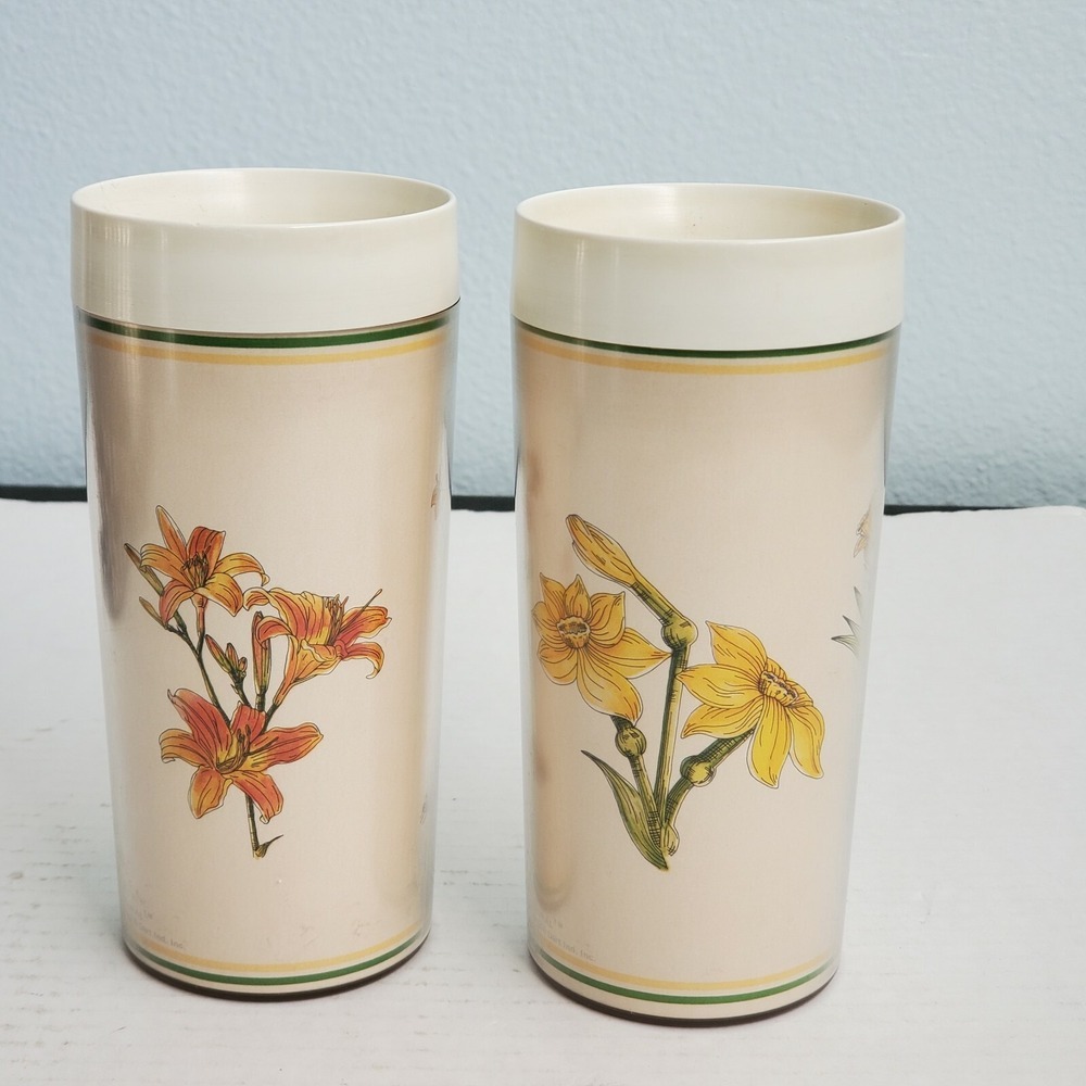 Vintage 1980 Thermo-Serv Floral Insulated Tumblers Set 2 Dart Ind Lily Daffodil